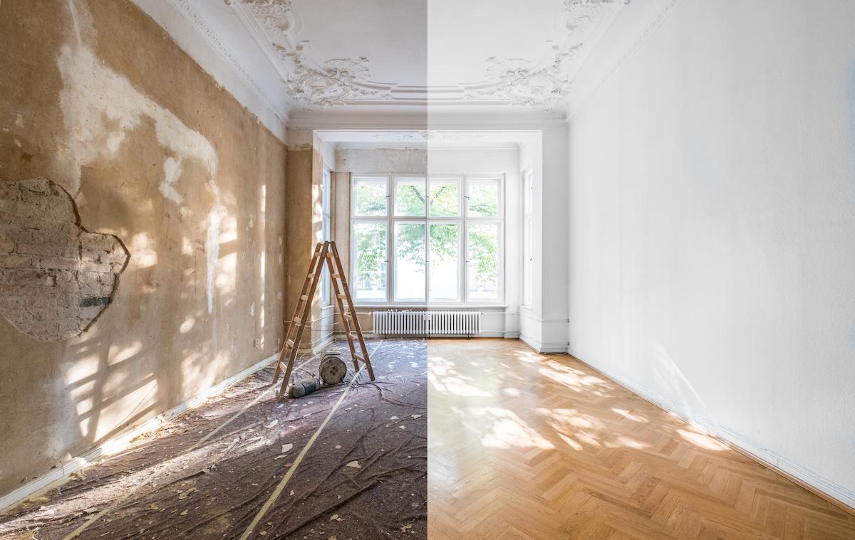 Photo avant-après d'un appartement en travaux.