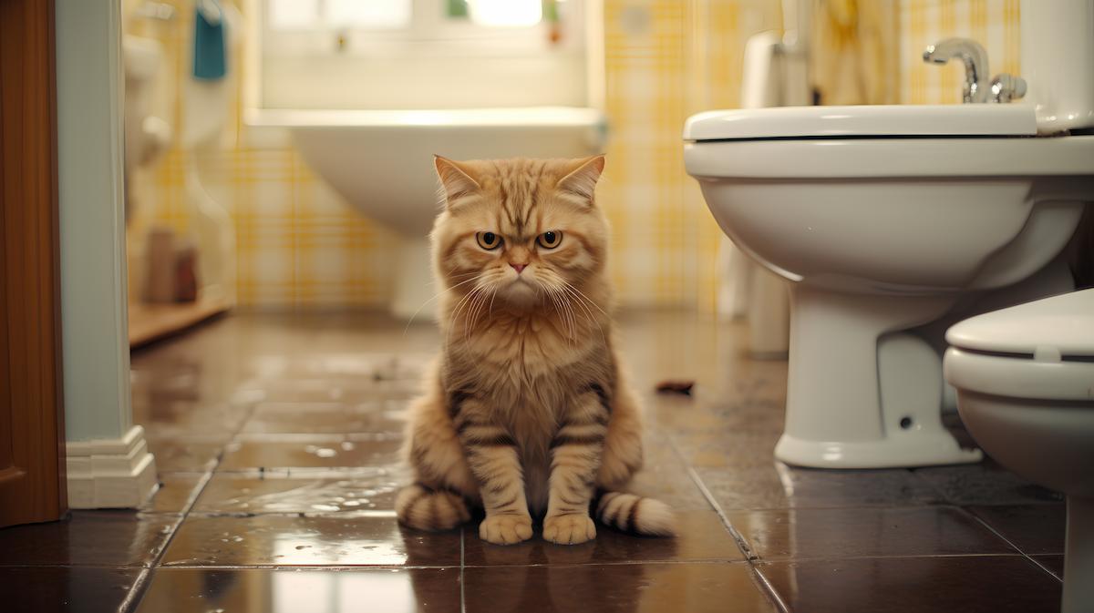 un chat pas content dans une salle de bain