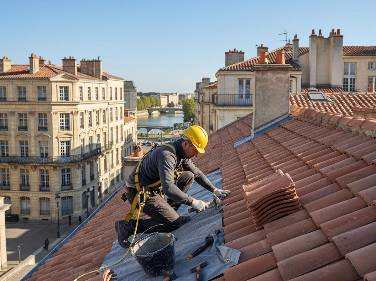 Couvreur professionnel sur un toit à Bordeaux