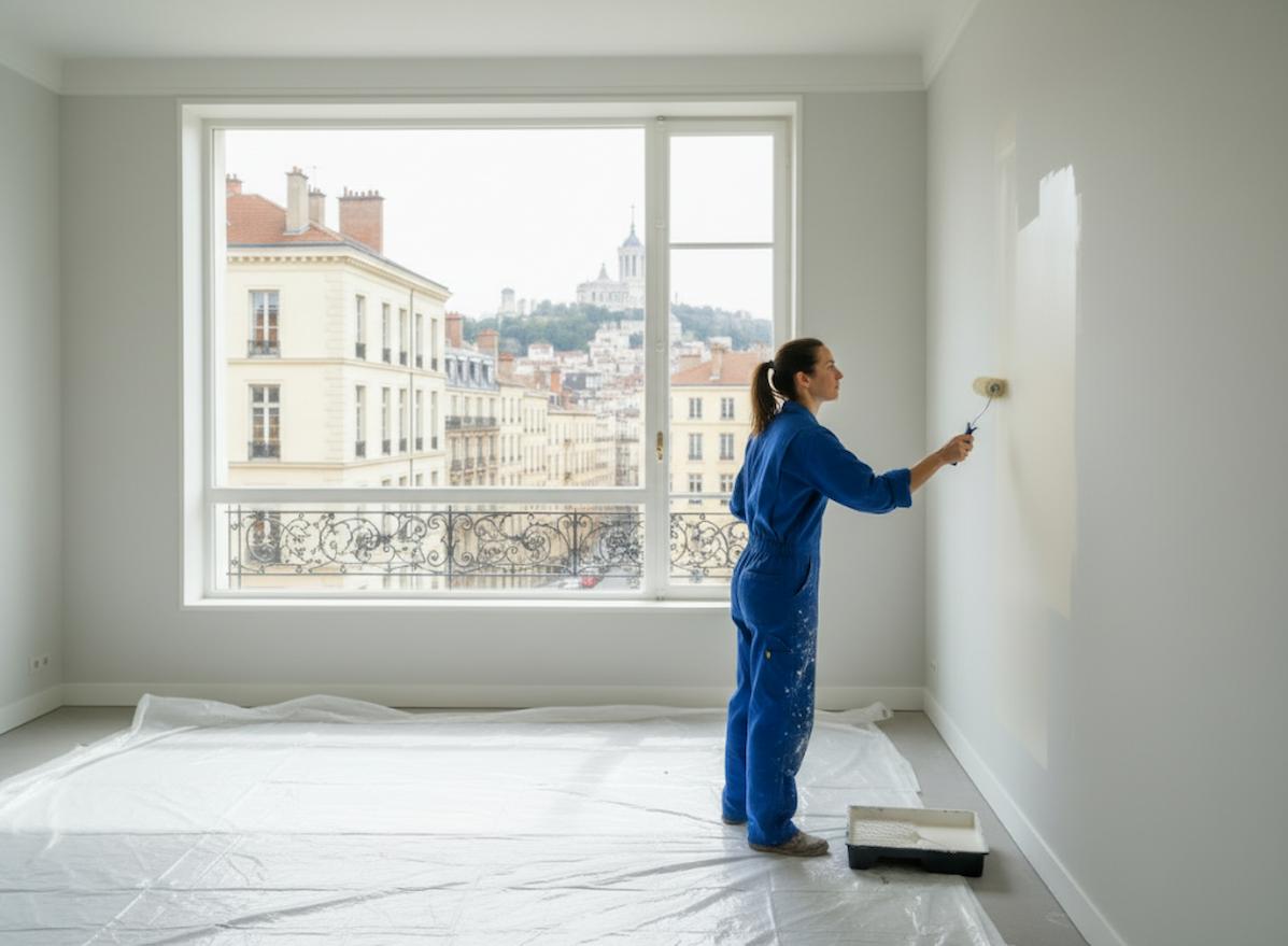 Artisan peintre appliquant de la peinture sur un mur à Lyon