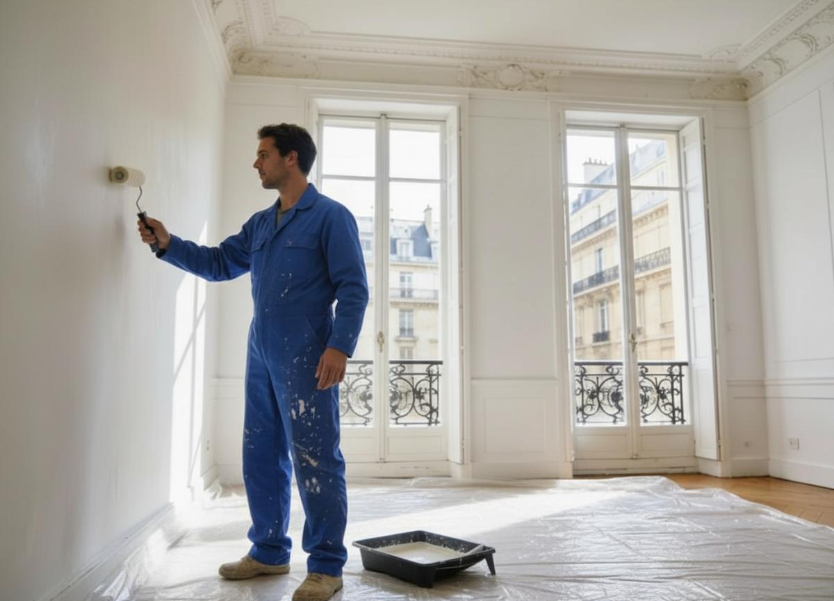 Peintre professionnel appliquant de la peinture sur un mur à Paris