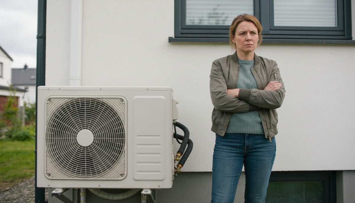 une femme mecontente devant sa pompe a chaleur