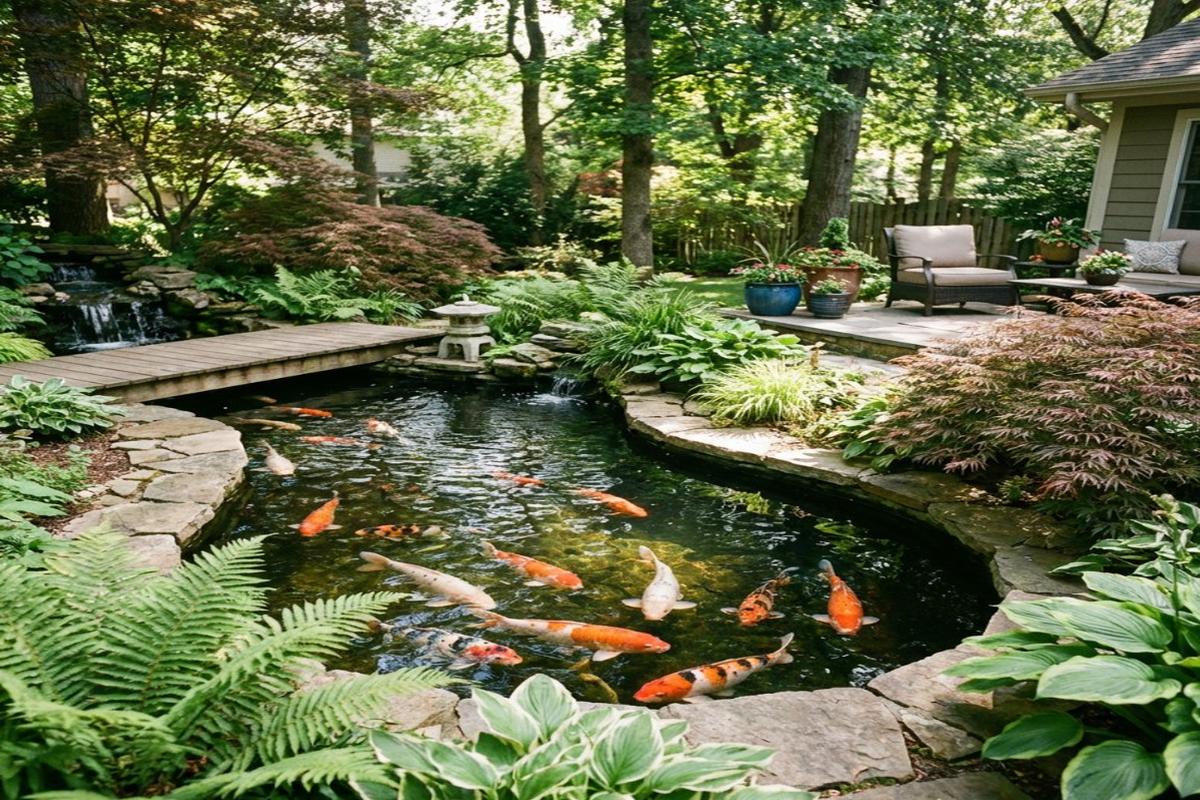 bassin de jardin avec des kois dedans installer par un paysagiste professionnel