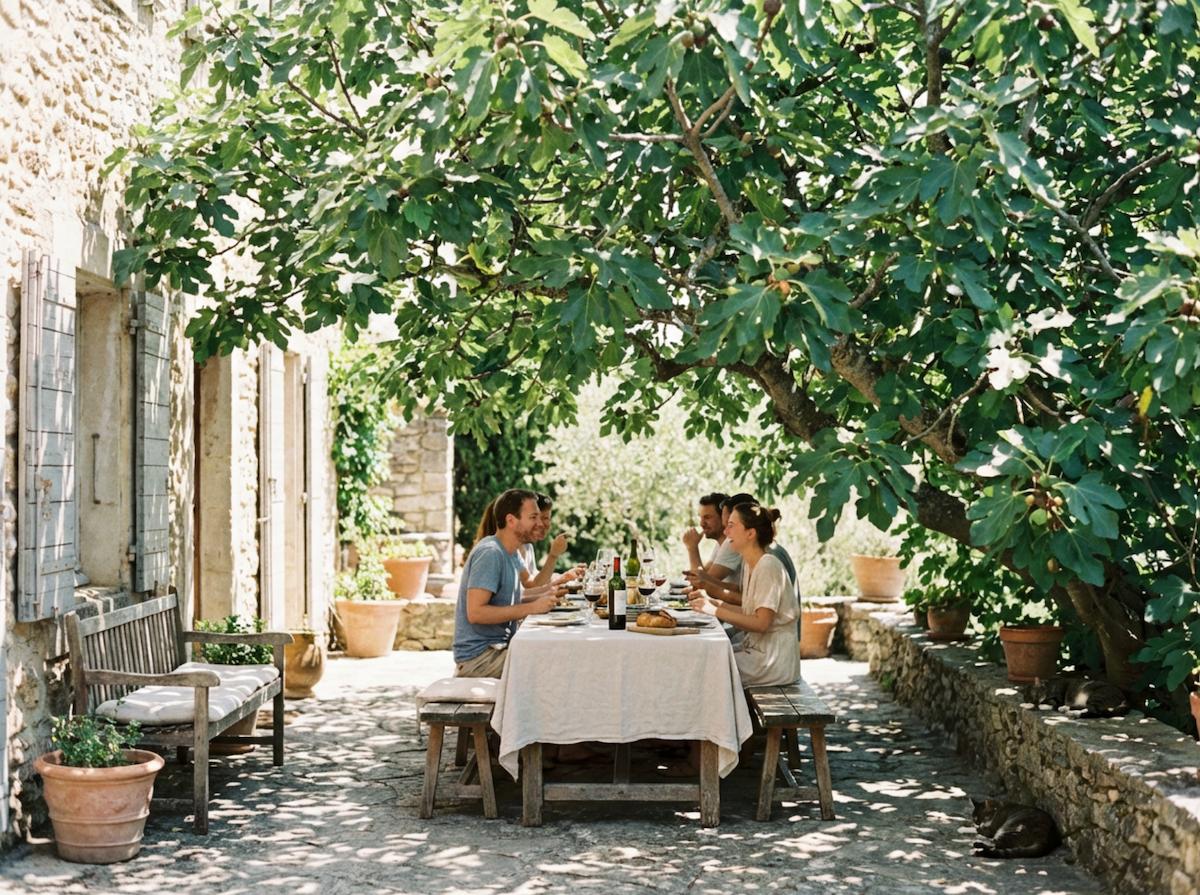 une table de convives à l'ombre d'un figuier 