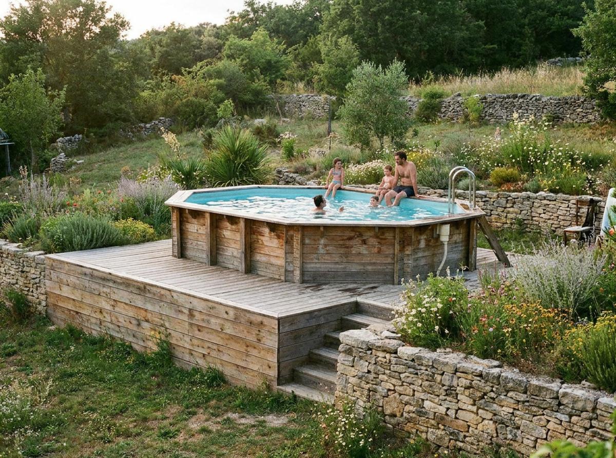 famille profitant de leur piscine hors sol lors d'une journée d'été