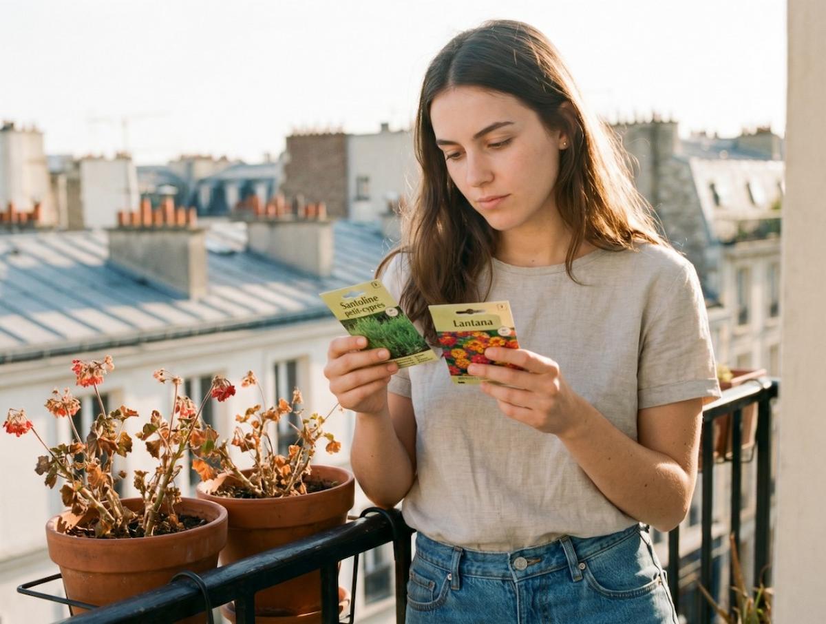 jeune fille qui choisi des graines pour remplacer ses géraniums fanes 