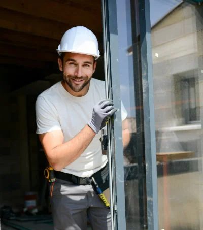 Artisan posant une fenêtre sur un chantier