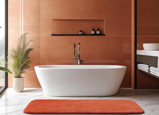 Salle de bains avec murs et tapis couleur terracotta.