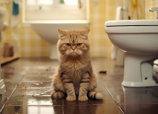 un chat pas content dans une salle de bain