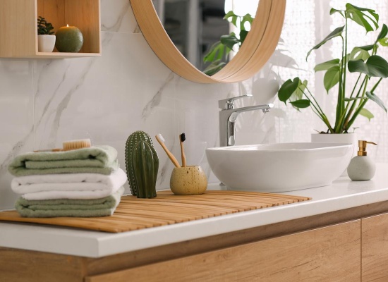 Lavabo dans une salle de bain, sur un meuble en bois.