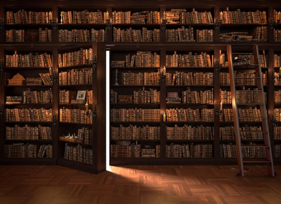 Une grande bibliothèque dont une partie s'ouvre pour dévoiler un passage secret