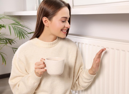 Femme qui se réchauffe près d'un radiateur