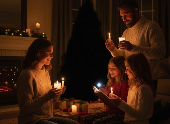 famille qui fete noel dans le noir avec des bougies 