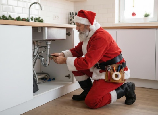 plombier déguisé en pere noel qui intervient dans une cuisine pendant les fetes