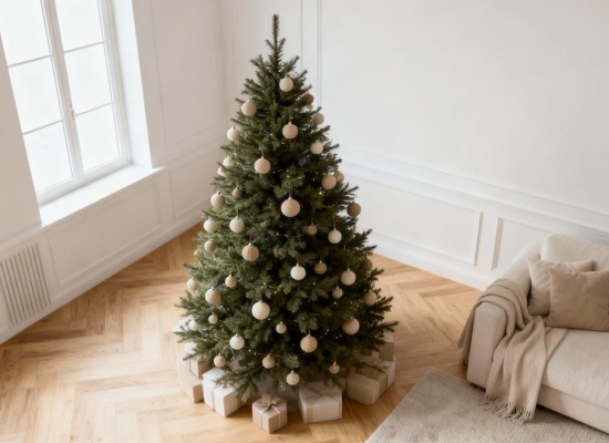 un sapin décoré sur un parquet clair dans une ambiance scandinave