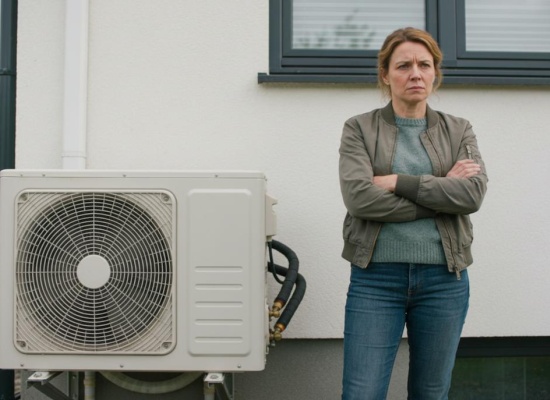 une femme mecontente devant sa pompe a chaleur