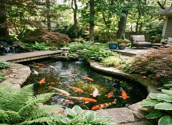 bassin de jardin avec des kois dedans installer par un paysagiste professionnel