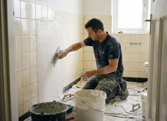 artisan recouvrant des carreaux sans les enlever pose professionnel