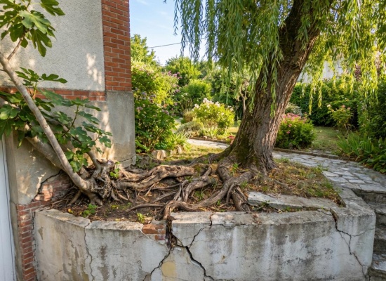 racines envahissantes d'un saule pleureur