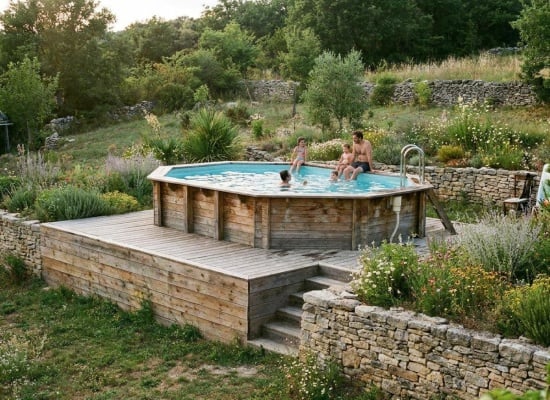 famille profitant de leur piscine hors sol lors d'une journée d'été