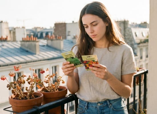 jeune fille qui choisi des graines pour remplacer ses géraniums fanes 