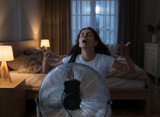 une femme devant son ventilateur la nuit