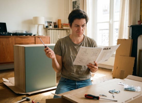 homme perplexe devant une notice d'assemblage de meuble