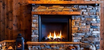 Cheminée avec un feu de bois dans une maison.