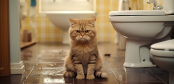 un chat pas content dans une salle de bain