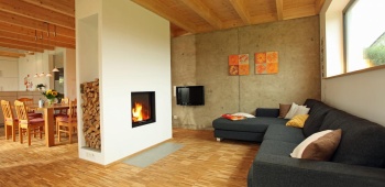 Pièce à vivre avec une cheminée double foyer