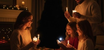 famille qui fete noel dans le noir avec des bougies 