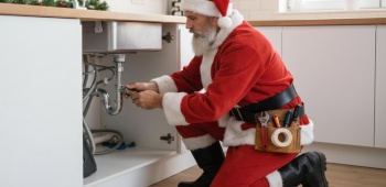plombier déguisé en pere noel qui intervient dans une cuisine pendant les fetes