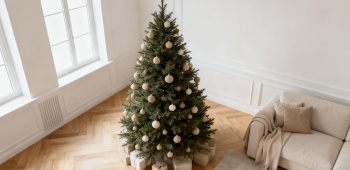 un sapin décoré sur un parquet clair dans une ambiance scandinave