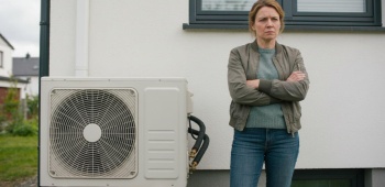 une femme mecontente devant sa pompe a chaleur