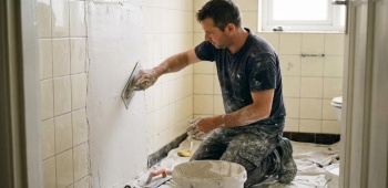artisan recouvrant des carreaux sans les enlever pose professionnel