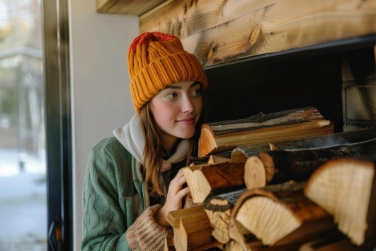 une jeune femme range une buche de bois
