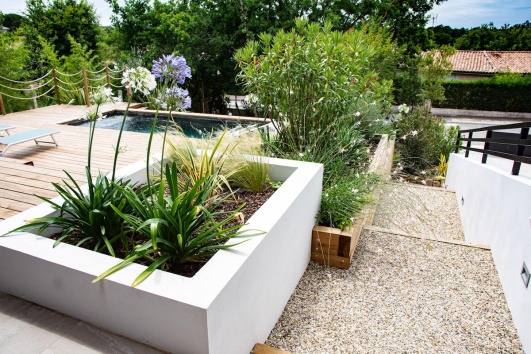 Jardinières sur la terrasse au bord d'une piscine.