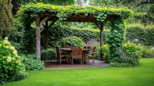 Une pergola végétalisée dans un jardin.