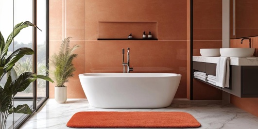 Salle de bains avec murs et tapis couleur terracotta.