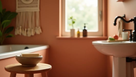 Salle de bains avec murs peints en terracotta.