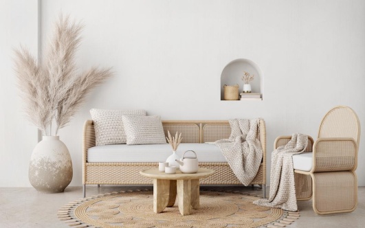 Un salon au mobilier assorti, décoré dans le style bohème.