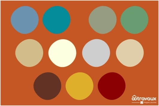Palette de couleurs sur un fond terracotta.