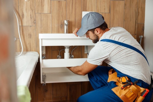 Plombier installant un lavabo dans une salle de bains. 