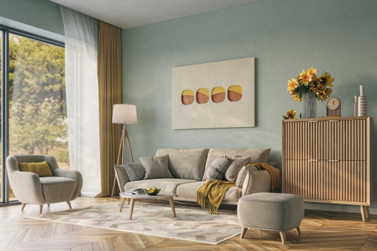 Salon à la déco moderne, dans des couleurs neutres avec des touches de jaune