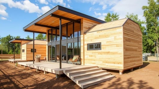 Maison modulaire en bois, en train d'être installée