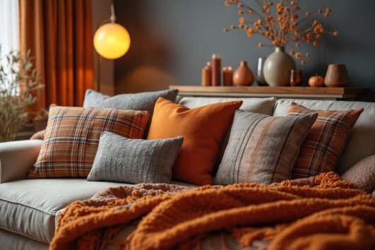 Canapé avec des coussins gris, orange et à motifs tartan