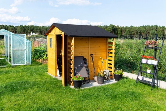 Abri de jardin en bois sur du gazon