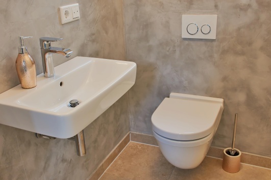 toilettes suspendus et petit lavabo