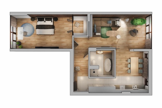 Plan d'une maison avec un salon, une cuisine ouverte, une salle de bains et une chambre avec dressing