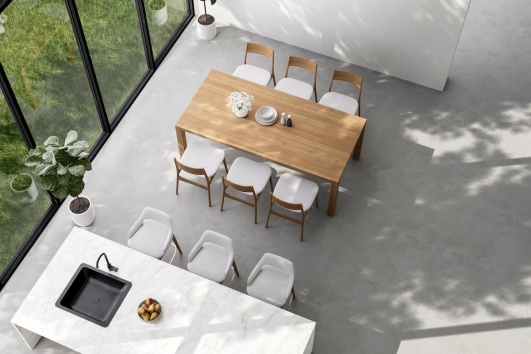 cuisine design en beton cire avec vue aerienne